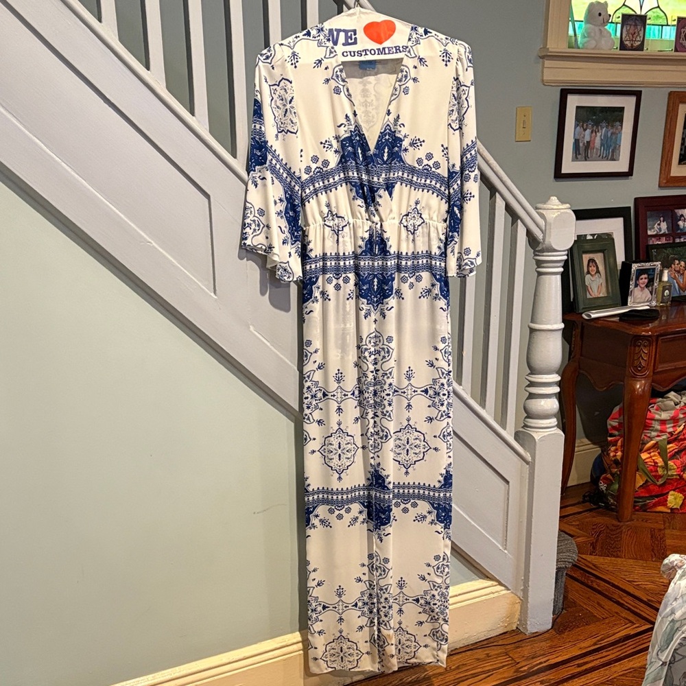 Lovers + Friends Cream and Blue Printed Jumpsuit
